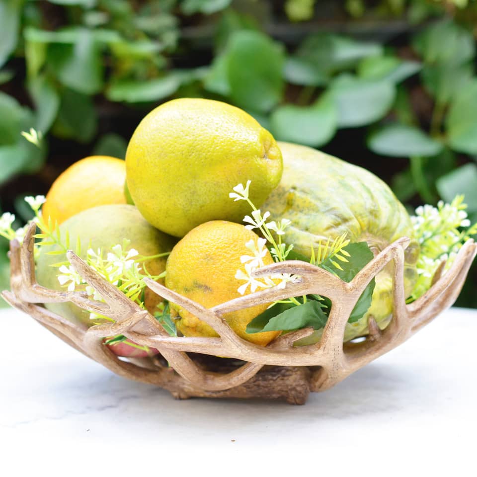Elige frutas de la misma gama de colores para hacer tu decoración con frutas en la mesa. Depende en que base la coloques te servirá para una comida elegante o informal.